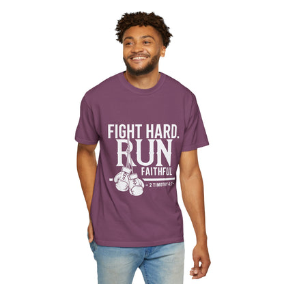 Fight Hard Run Faithful T-Shirt — Christian Boxing Inspirational Tee (2 Timothy 4:7)