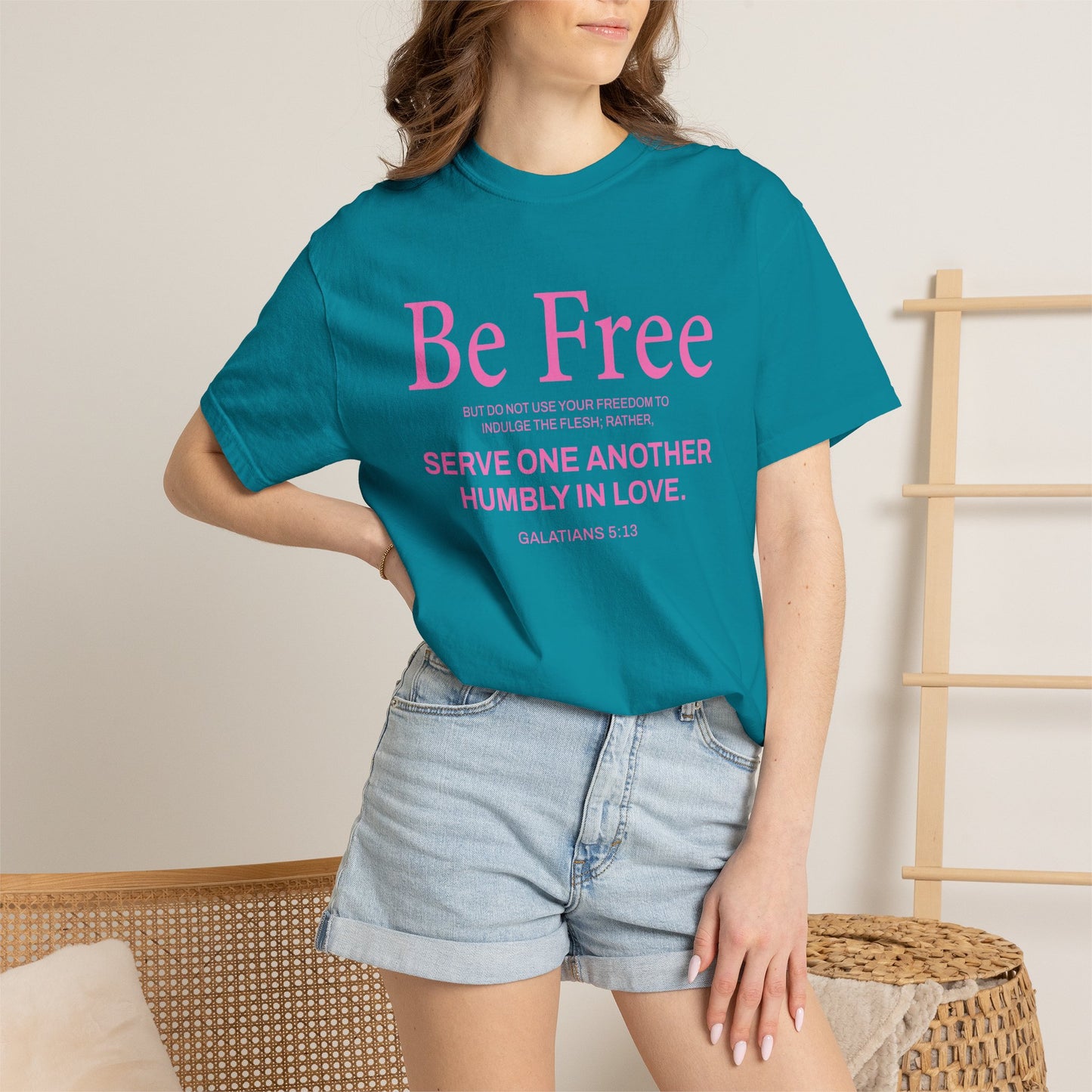 Be Free Galatians 5:13 Pink T-Shirt — Faith-Inspired Christian Tee