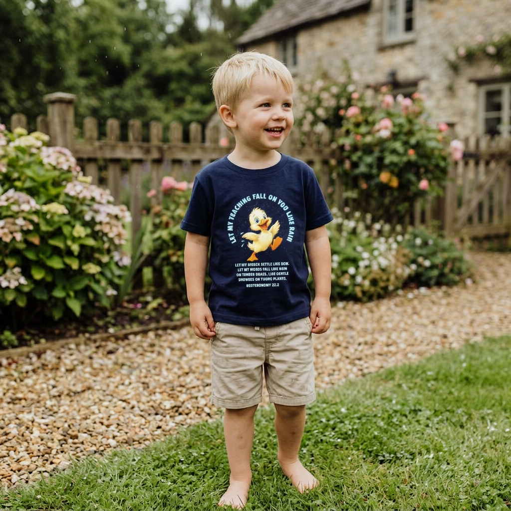 Toddler Tee — Cute Duck Graphic with "Let my teaching fall like rain"