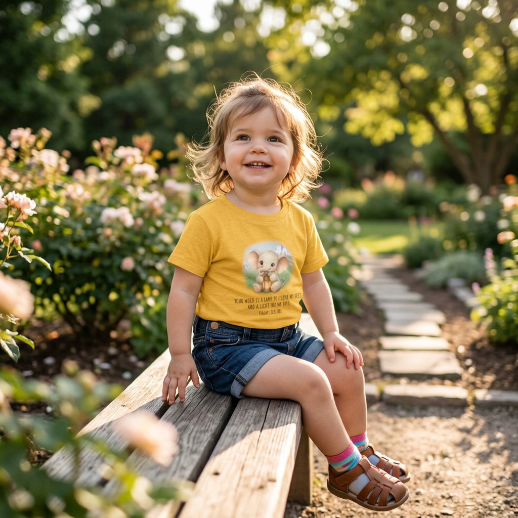 Toddler Tee - Cute Elephant with Lantern & Psalm 119:105 Inspirational Kids T-Shirt