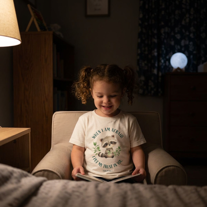 Toddler Tee — 'When I Am Afraid I Put My Trust In God' Cute Raccoon Christian Shirt