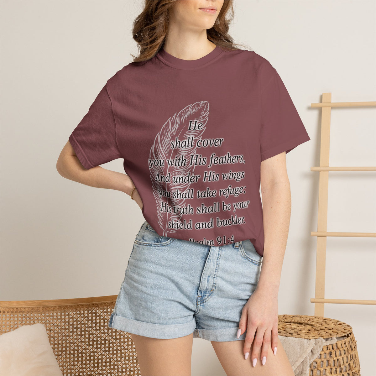 Psalm 91 Feather T-Shirt — 'He Shall Cover You' Christian Faith Tee