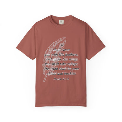 Psalm 91 Feather T-Shirt — 'He Shall Cover You' Christian Faith Tee