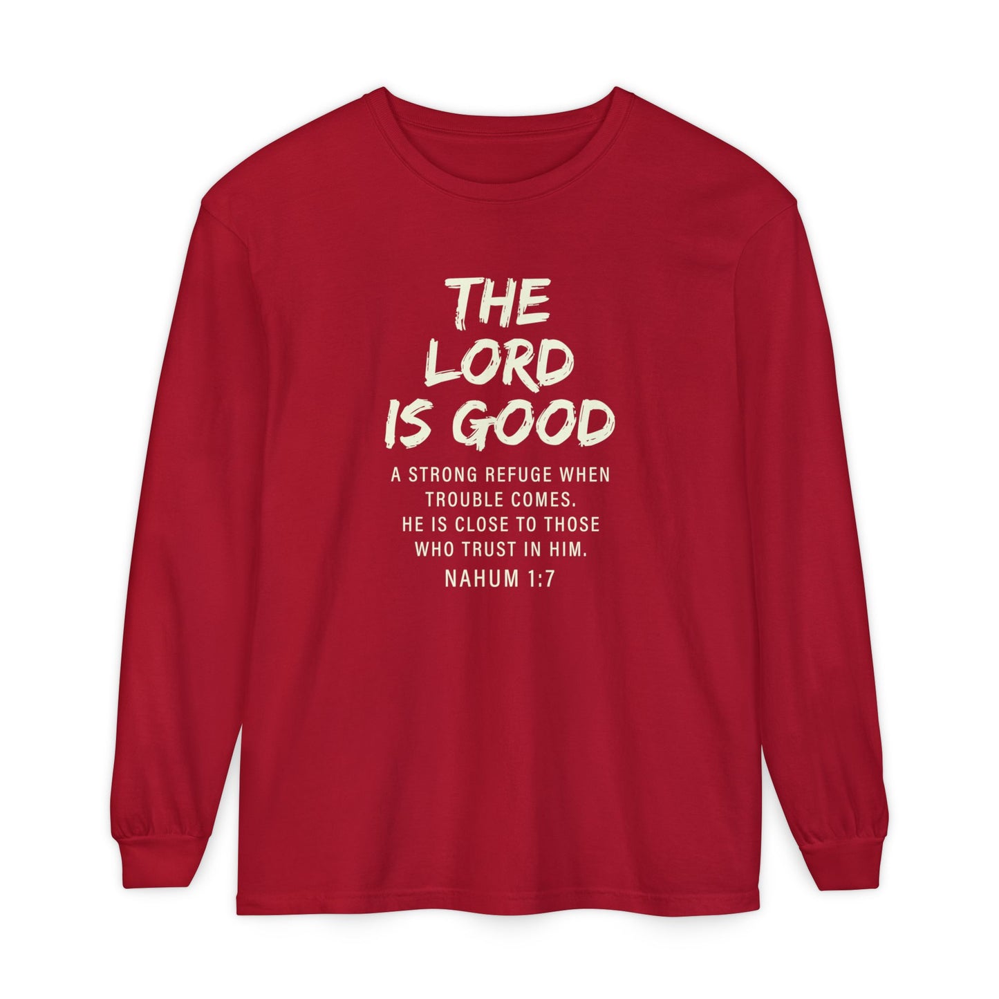 The Lord Is Good "NAHUM 1:7" BEIGE 100% cotton long sleeve