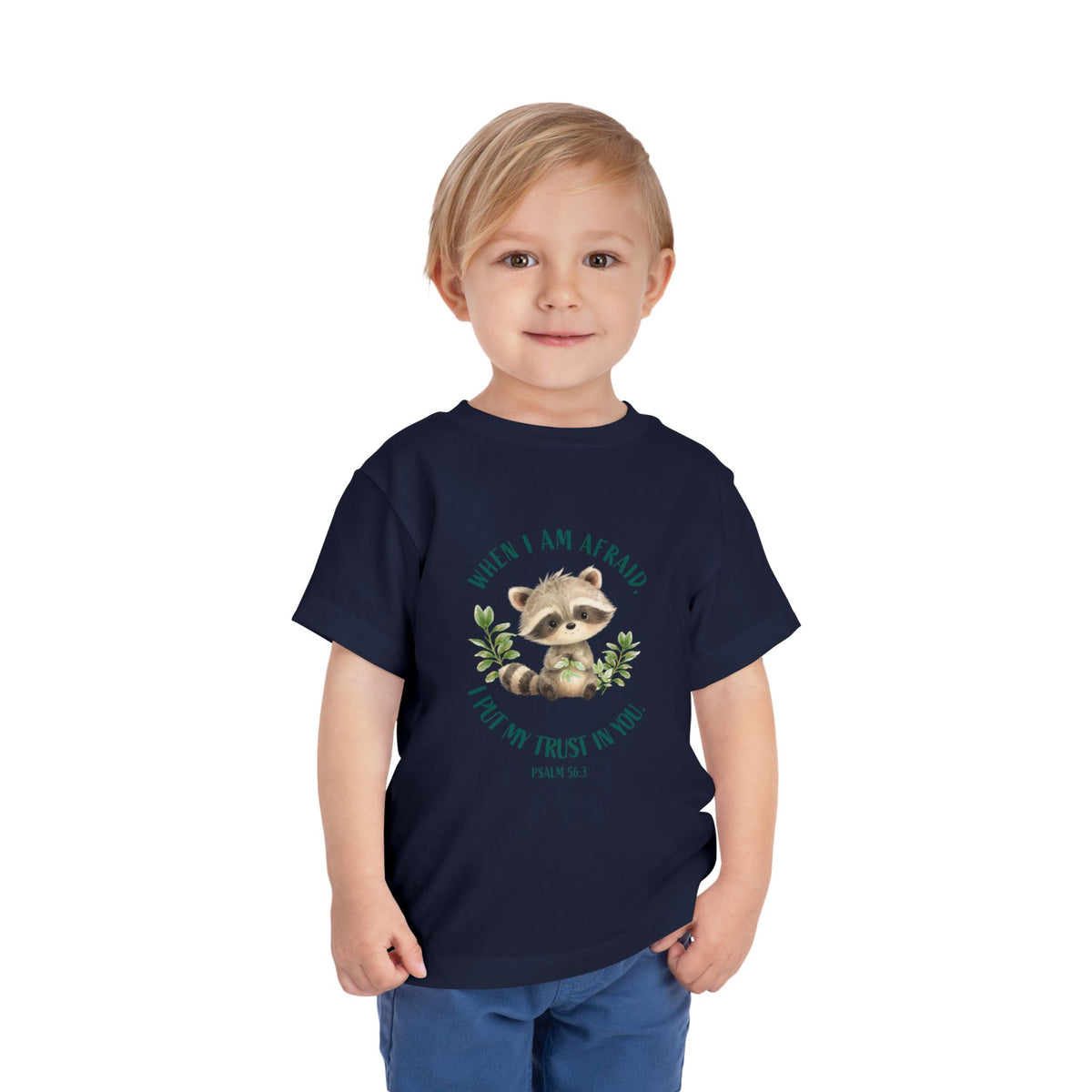 Toddler Tee — 'When I Am Afraid I Put My Trust In God' Cute Raccoon Christian Shirt
