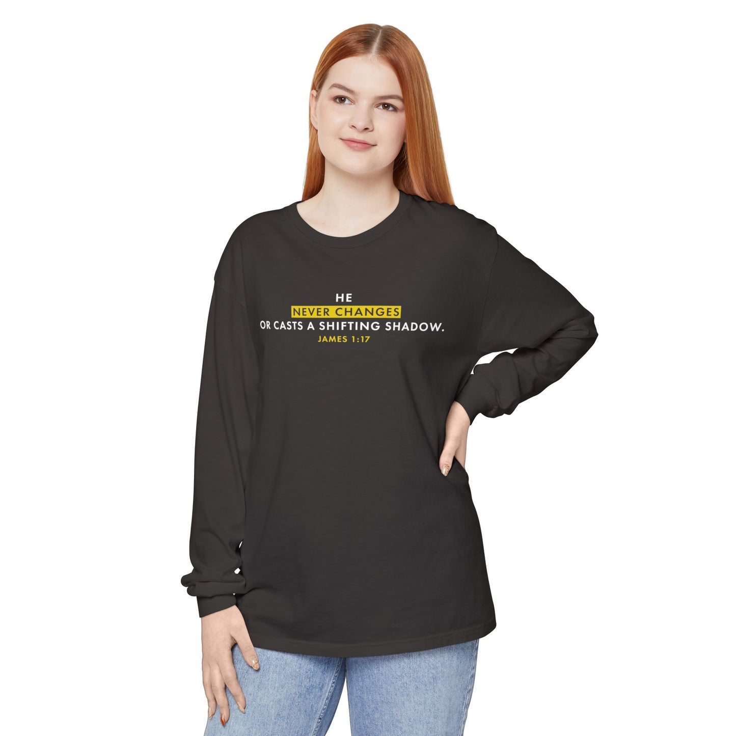 He Never Changes Cotton T-shirt — Faith-Based Christian Long Sleeve Tee