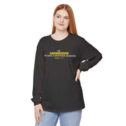 He Never Changes Cotton T-shirt — Faith-Based Christian Long Sleeve Tee