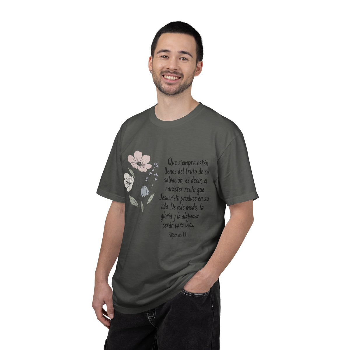 Christian Floral Verse T-Shirt — Spanish Filipenses 1:11 Scripture Tee
