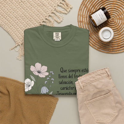 Christian Floral Verse T-Shirt — Spanish Filipenses 1:11 Scripture Tee