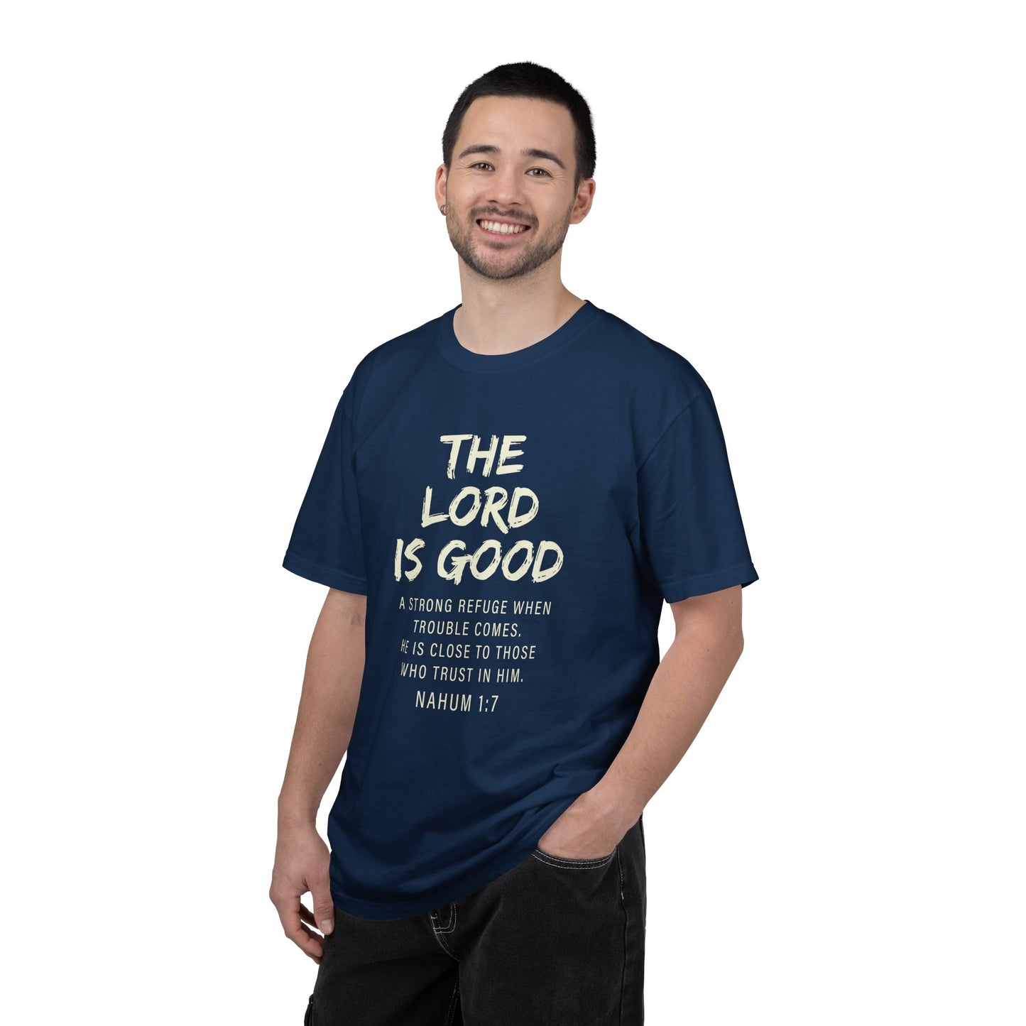 The Lord is Good "Nahum 1:7" Beige 100% cotton T-shirt