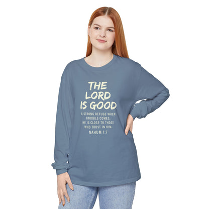 The Lord Is Good "NAHUM 1:7" BEIGE 100% cotton long sleeve