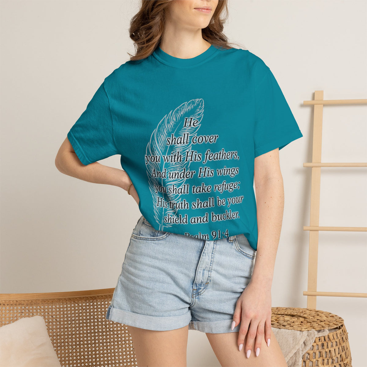 Psalm 91 Feather T-Shirt — 'He Shall Cover You' Christian Faith Tee