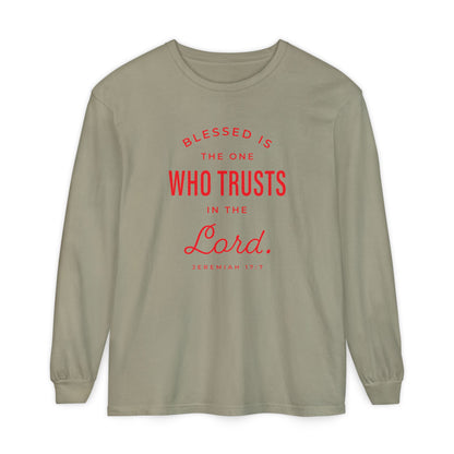 Jeremiah 17:7 'Blessed Is the One Who Trusts in the Lord' 100% Cotton Red Letters Long Sleeve Tee