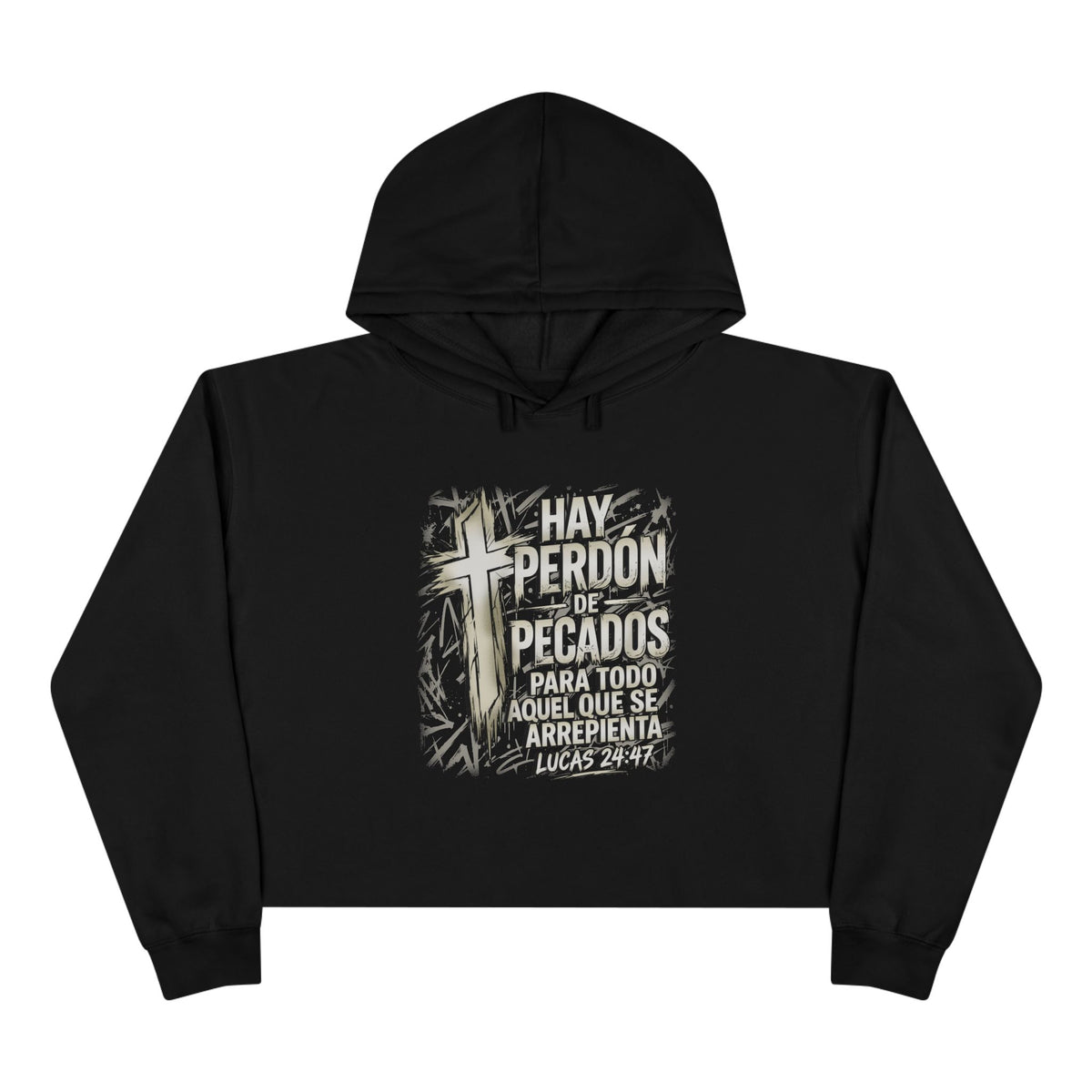 Christian Cross Crop Hoodie — "Hay Perdón de Pecados" Spanish Faith Graphic
