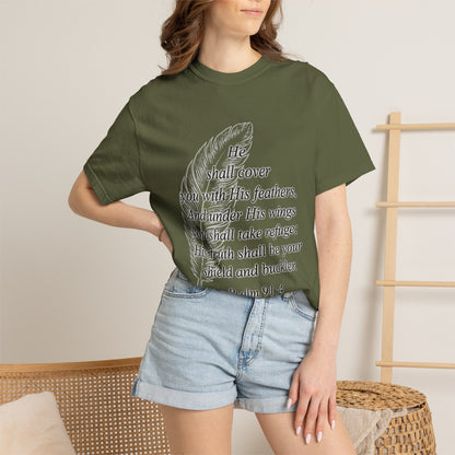Psalm 91 Feather T-Shirt — 'He Shall Cover You' Christian Faith Tee