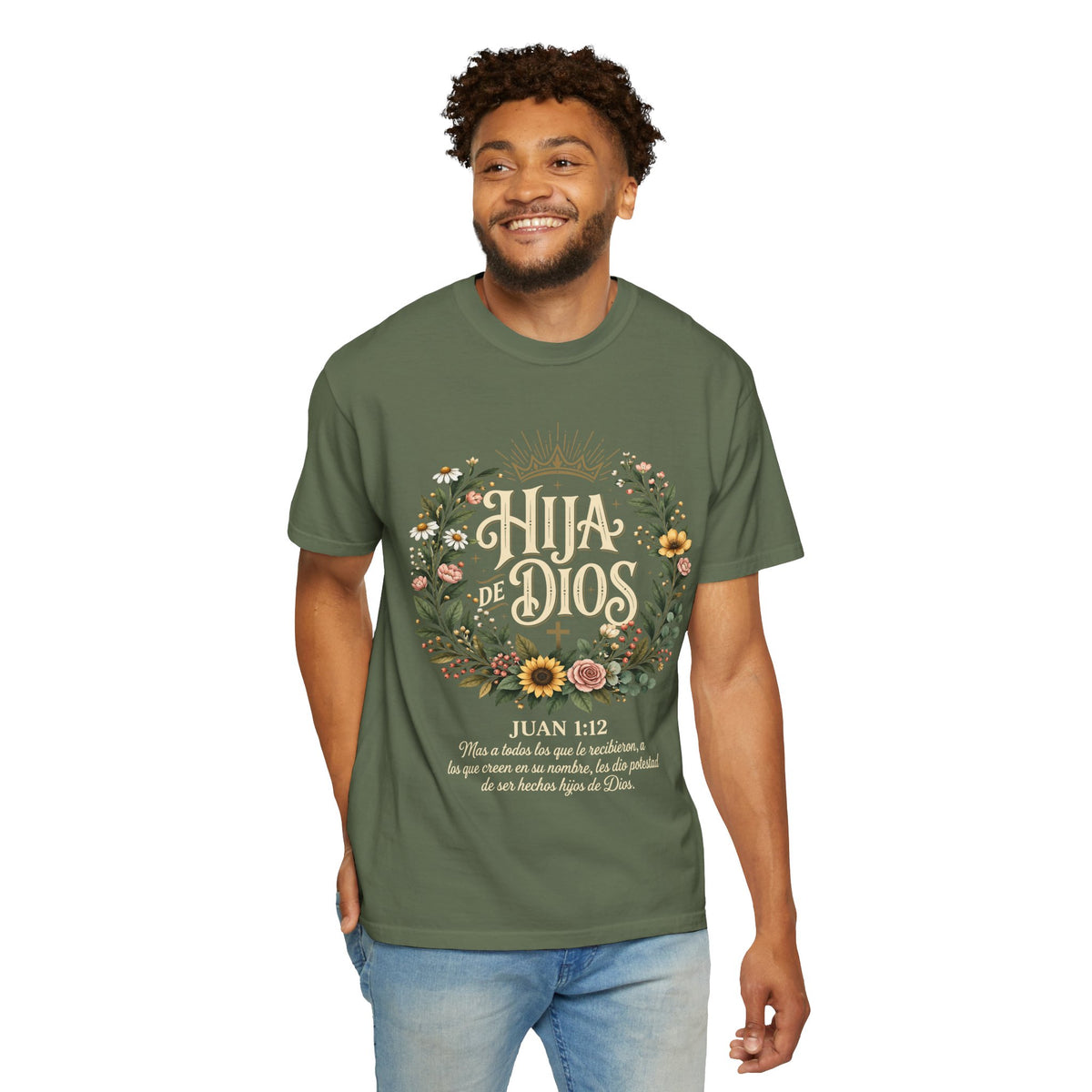 Hija de Dios Floral T‑Shirt — Juan 1:12 Christian Tee