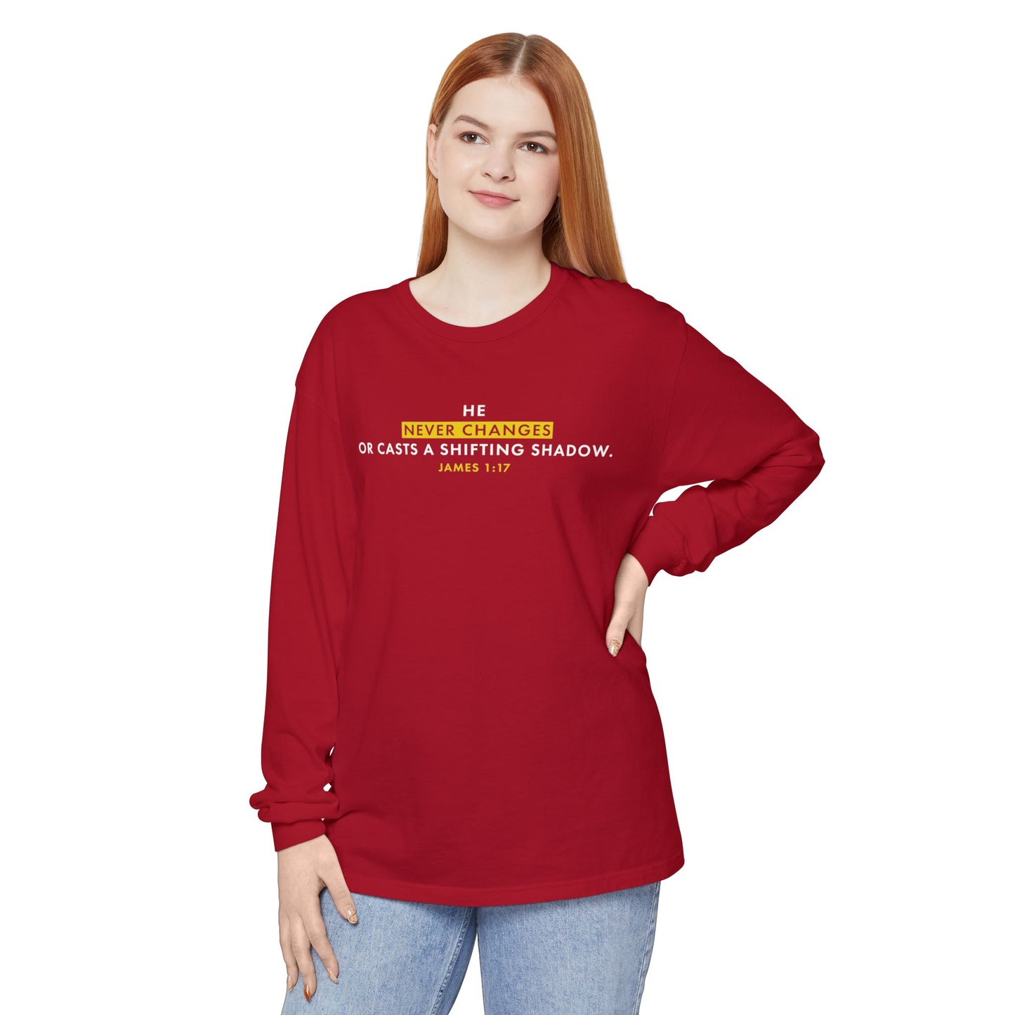 He Never Changes Cotton T-shirt — Faith-Based Christian Long Sleeve Tee