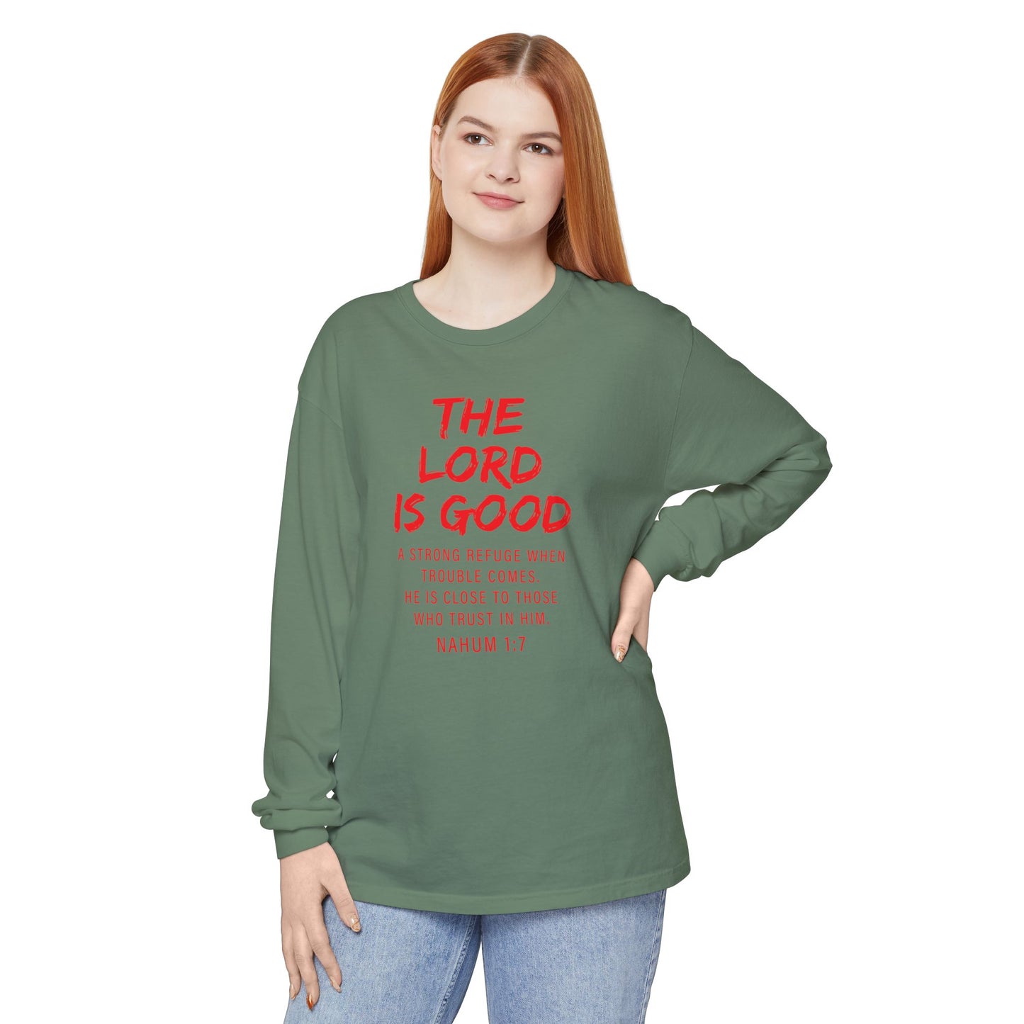 The Lord is Good "Nahum 1:7" Red Long Sleeve