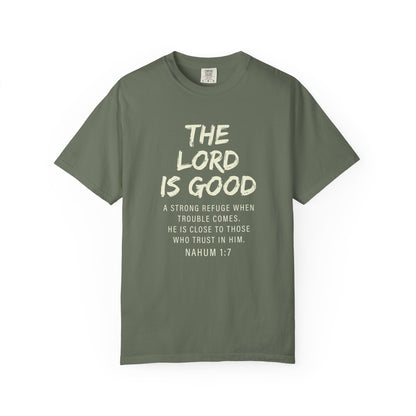 The Lord is Good "Nahum 1:7" Beige 100% cotton T-shirt