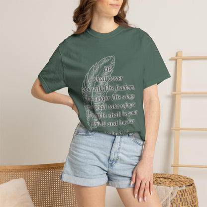 Psalm 91 Feather T-Shirt — 'He Shall Cover You' Christian Faith Tee