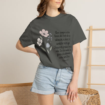 Christian Floral Verse T-Shirt — Spanish Filipenses 1:11 Scripture Tee