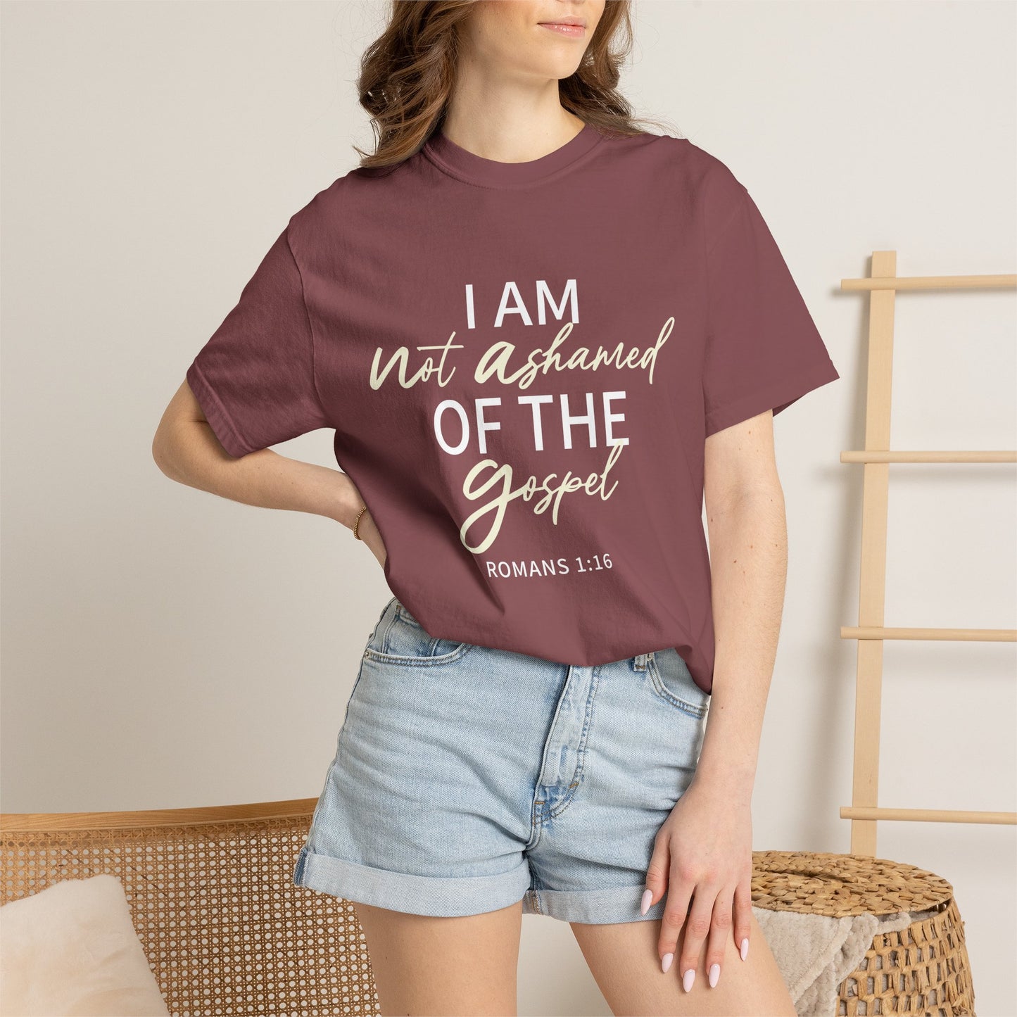 Romans 1:16 T-Shirt — Beige 100% Cotton