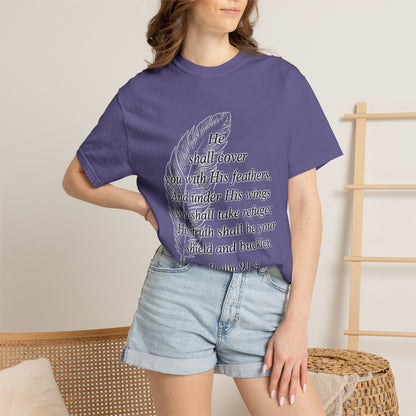 Psalm 91 Feather T-Shirt — 'He Shall Cover You' Christian Faith Tee