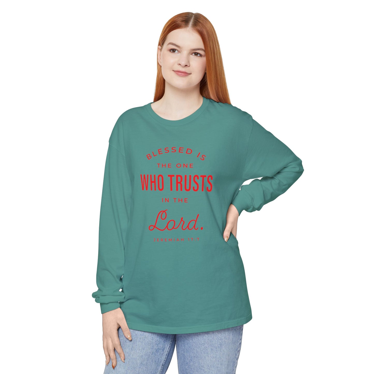 Jeremiah 17:7 'Blessed Is the One Who Trusts in the Lord' 100% Cotton Red Letters Long Sleeve Tee
