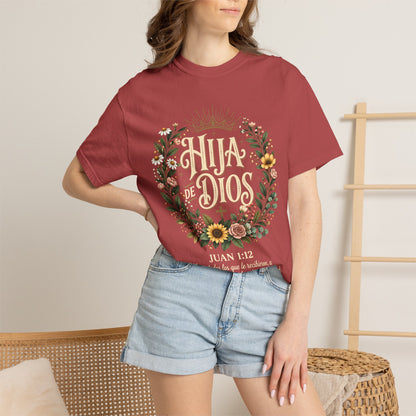 Hija de Dios Floral T‑Shirt — Juan 1:12 Christian Tee