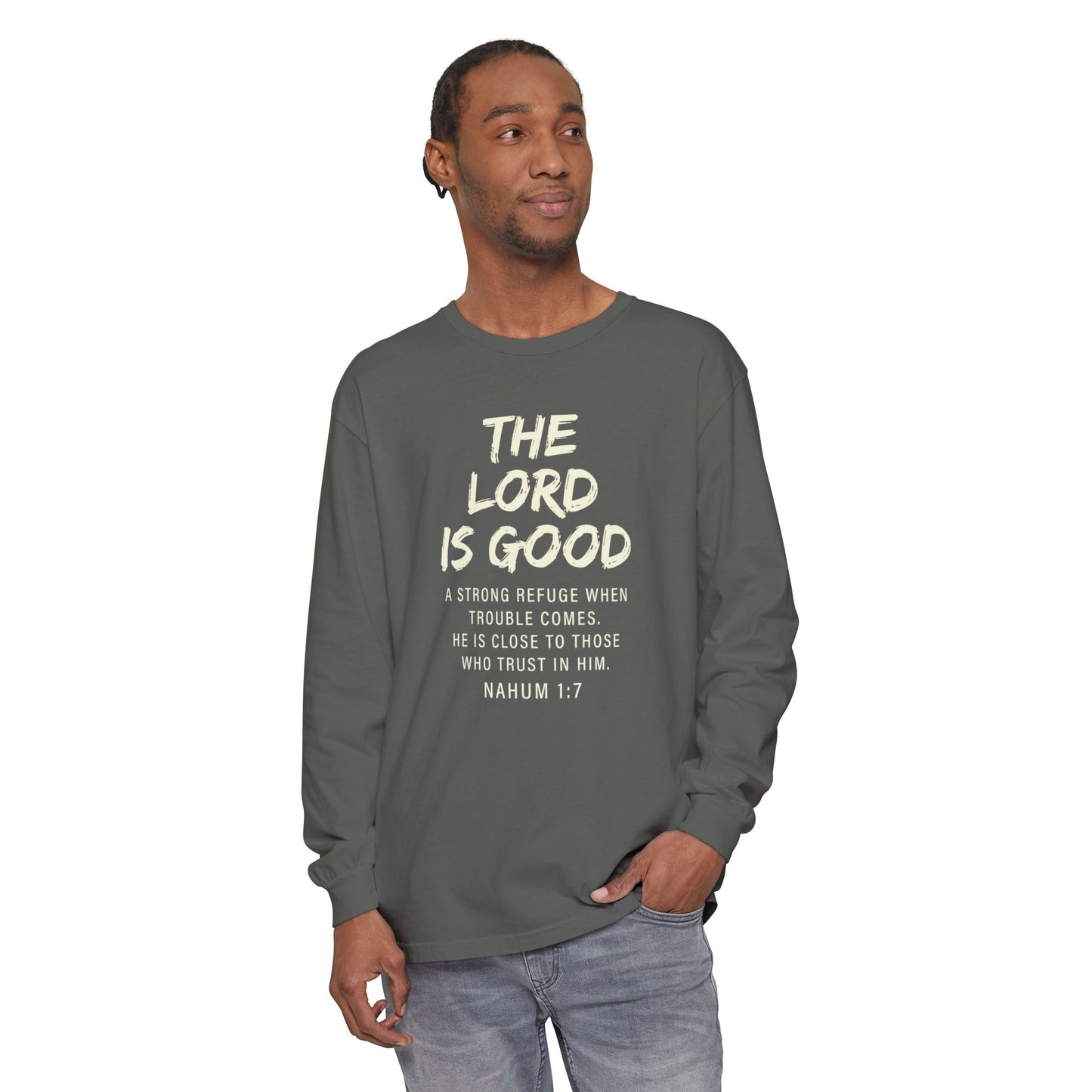 The Lord Is Good "NAHUM 1:7" BEIGE 100% cotton long sleeve