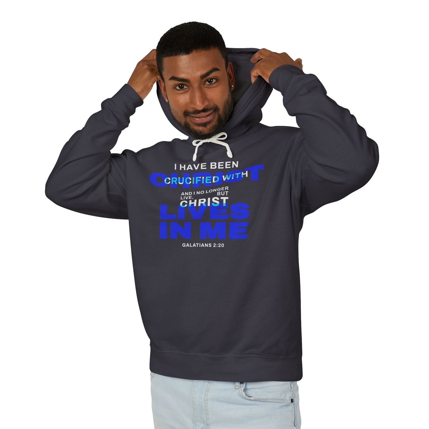 I have been Crucified with Christ "Galatians 2:20"  Blue 100% Cotton Unisex Hoodie