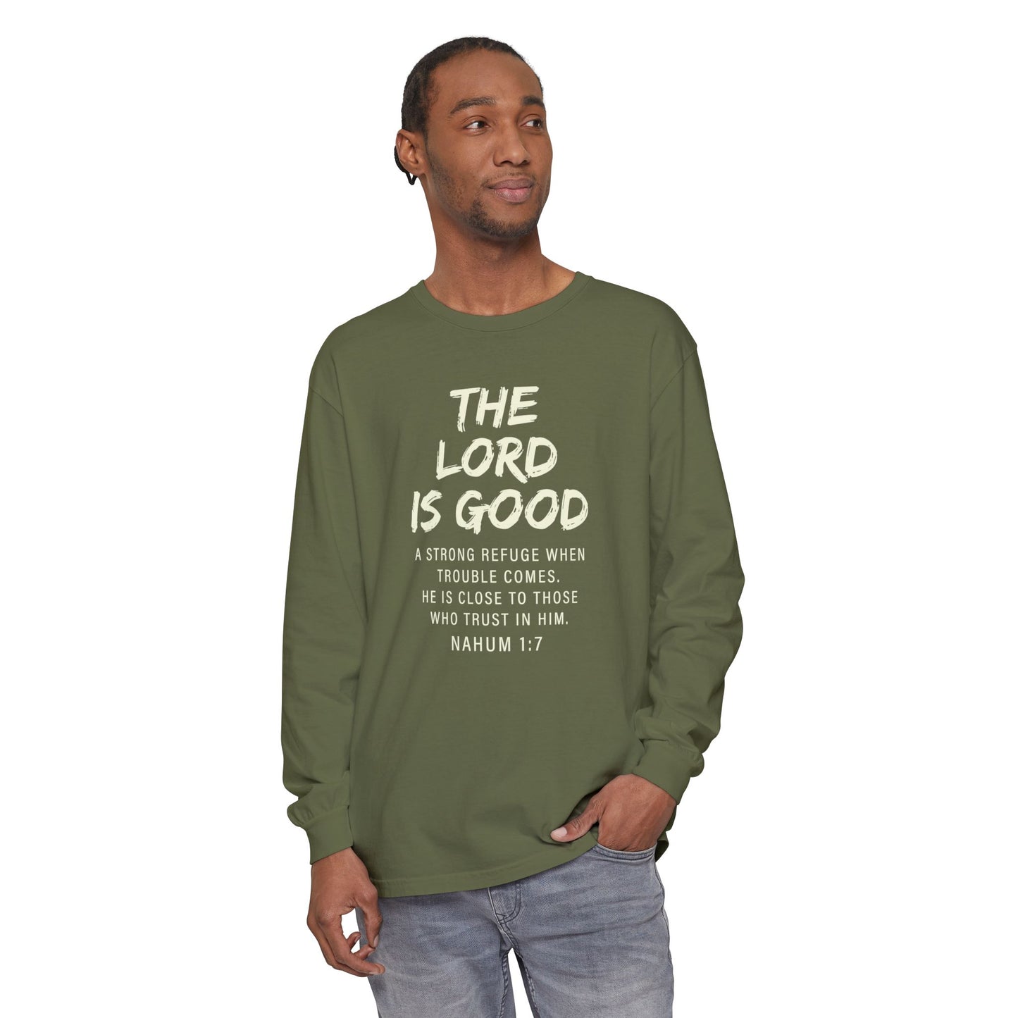 The Lord Is Good "NAHUM 1:7" BEIGE 100% cotton long sleeve