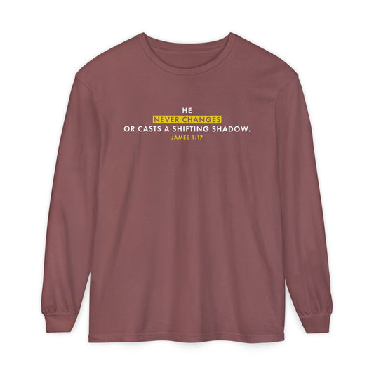 He Never Changes Cotton T-shirt — Faith-Based Christian Long Sleeve Tee
