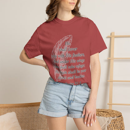 Psalm 91 Feather T-Shirt — 'He Shall Cover You' Christian Faith Tee