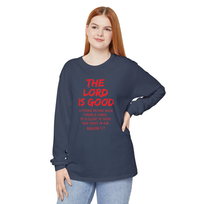 The Lord is Good "Nahum 1:7" Red Long Sleeve