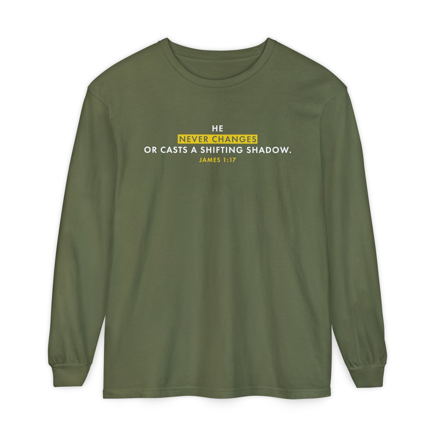 He Never Changes Cotton T-shirt — Faith-Based Christian Long Sleeve Tee