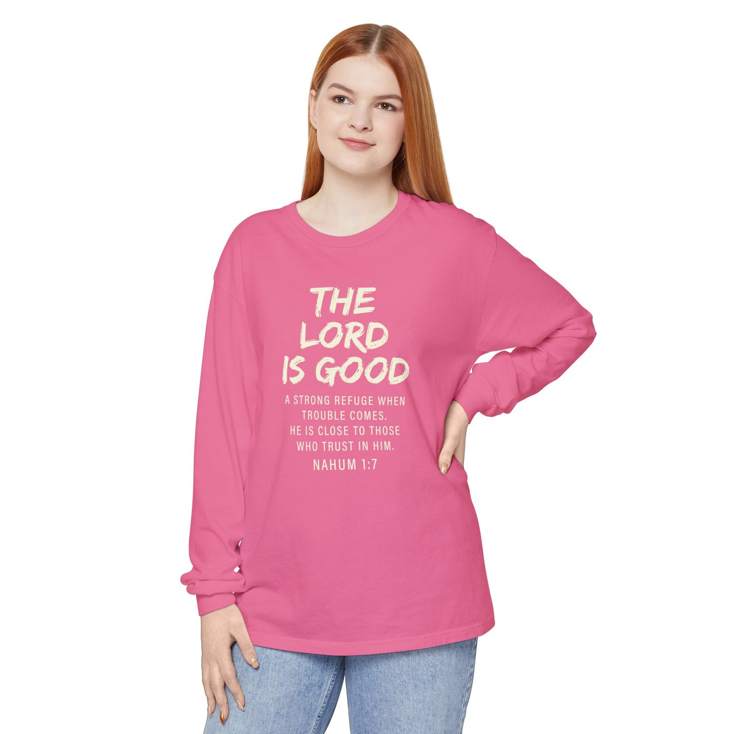 The Lord Is Good "NAHUM 1:7" BEIGE 100% cotton long sleeve