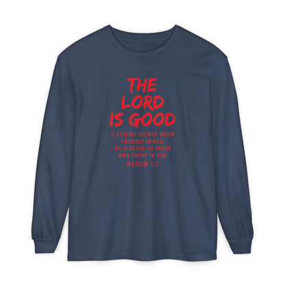 The Lord is Good "Nahum 1:7" Red Long Sleeve