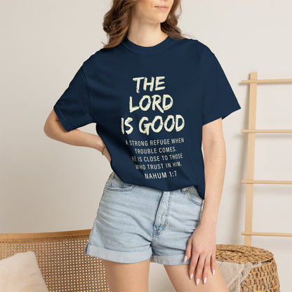 The Lord is Good "Nahum 1:7" Beige 100% cotton T-shirt