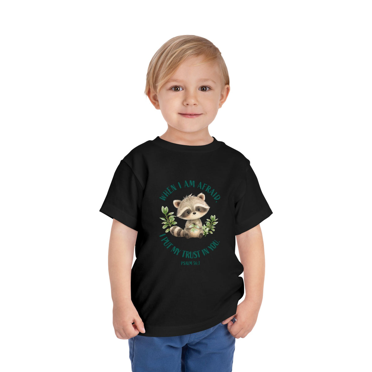 Toddler Tee — 'When I Am Afraid I Put My Trust In God' Cute Raccoon Christian Shirt