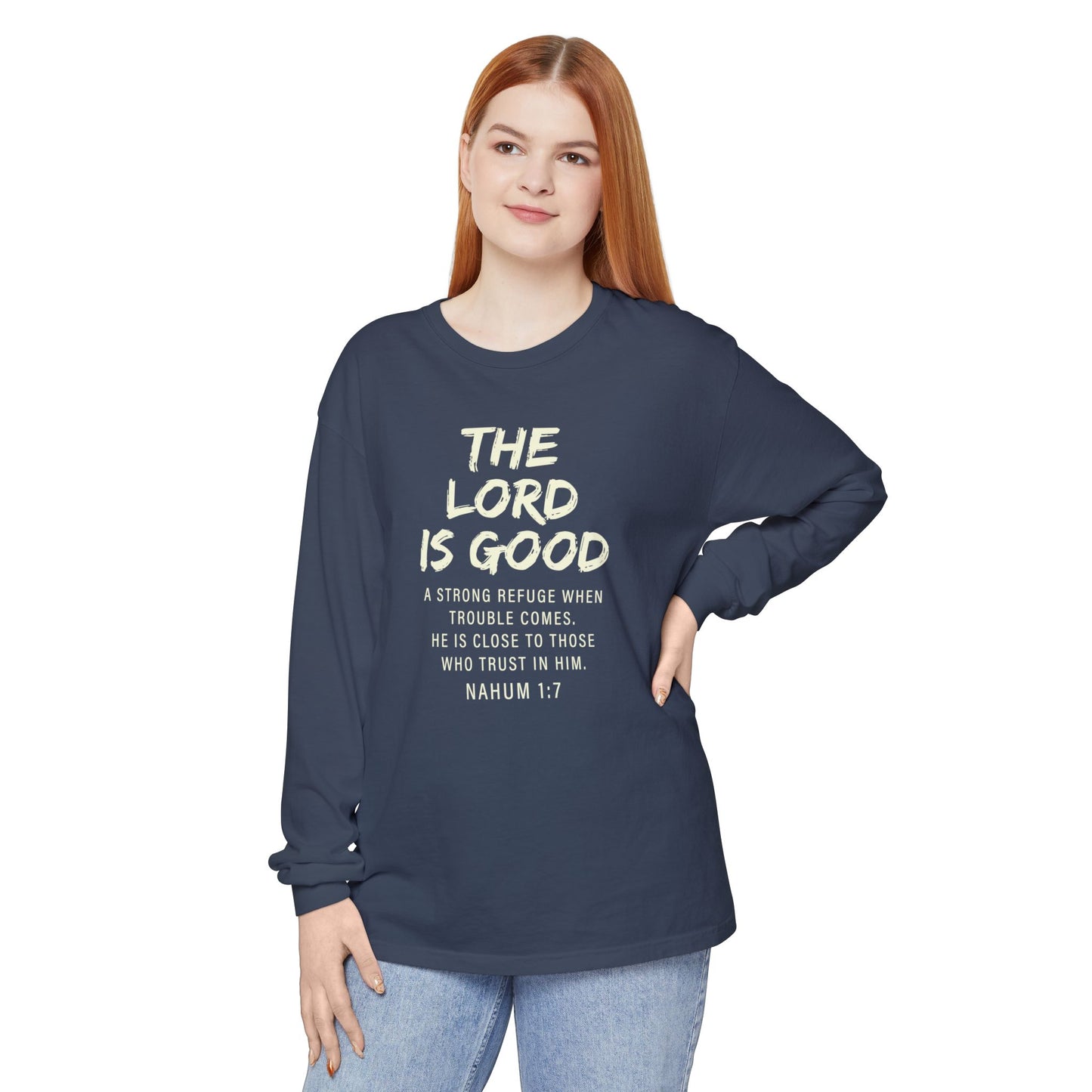 The Lord Is Good "NAHUM 1:7" BEIGE 100% cotton long sleeve