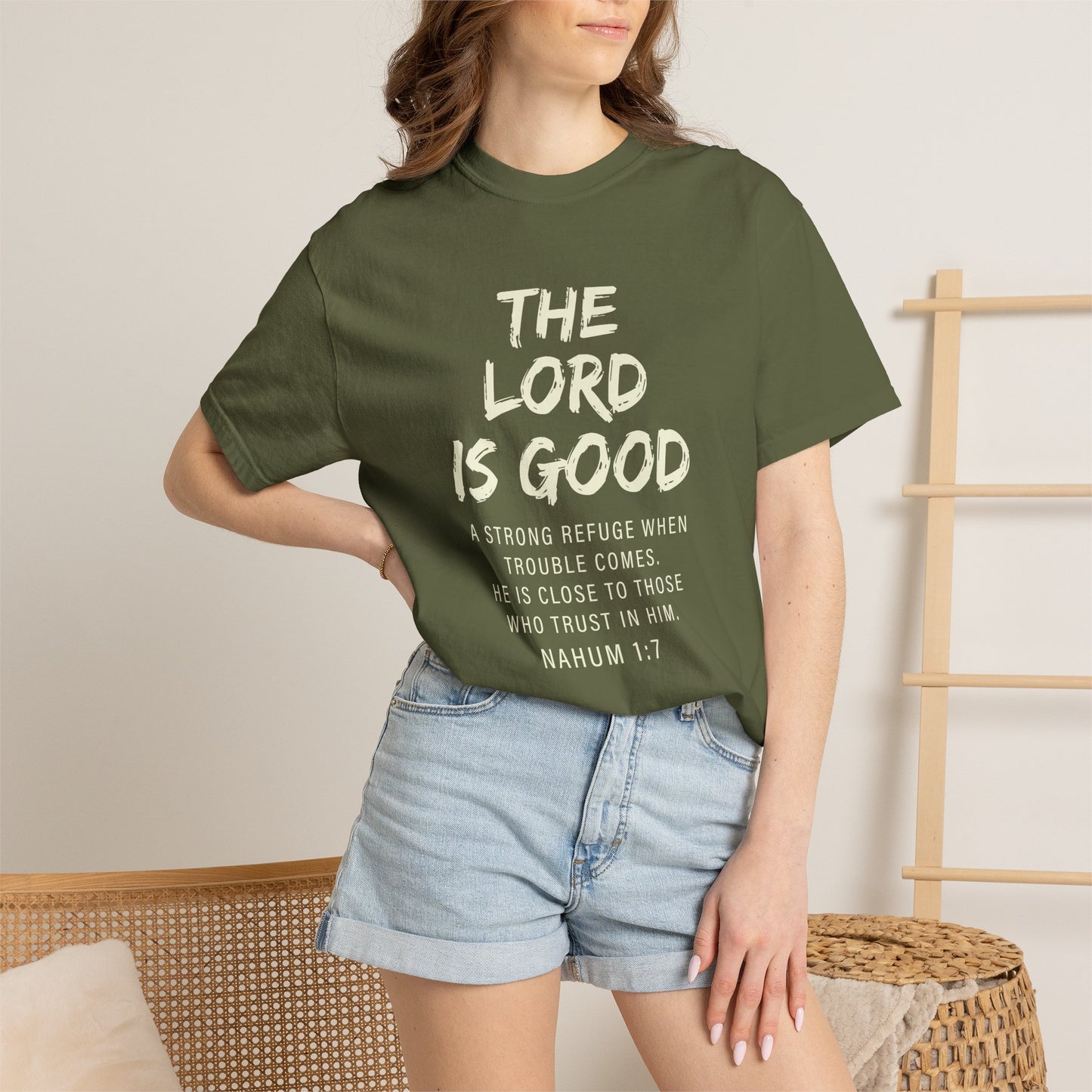 The Lord is Good "Nahum 1:7" Beige 100% cotton T-shirt