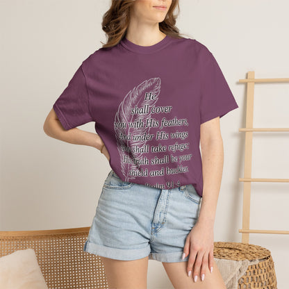 Psalm 91 Feather T-Shirt — 'He Shall Cover You' Christian Faith Tee