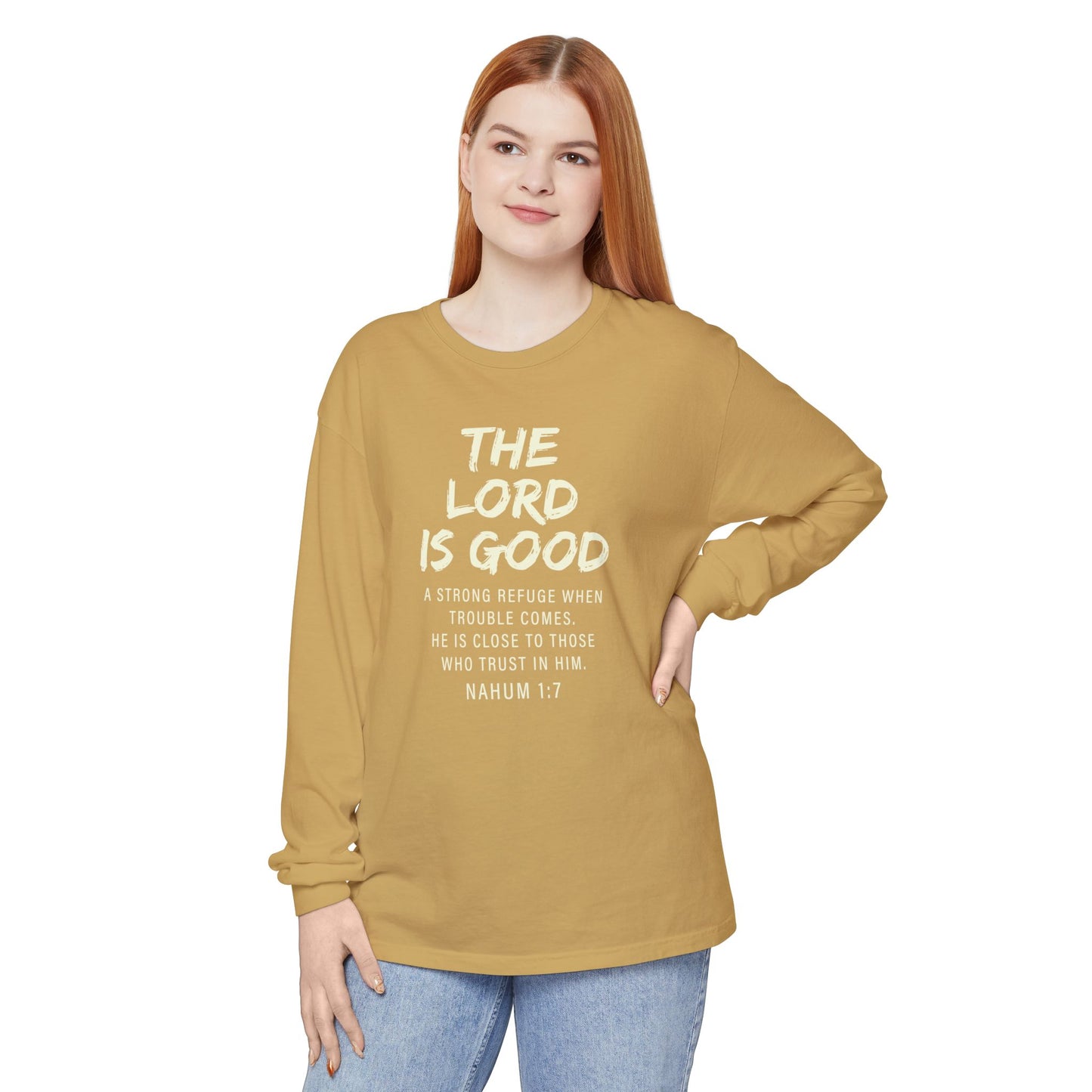 The Lord Is Good "NAHUM 1:7" BEIGE 100% cotton long sleeve