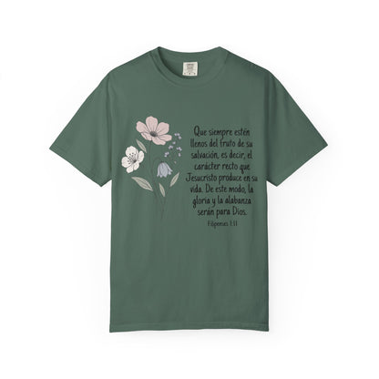 Christian Floral Verse T-Shirt — Spanish Filipenses 1:11 Scripture Tee