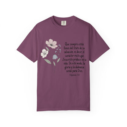 Christian Floral Verse T-Shirt — Spanish Filipenses 1:11 Scripture Tee