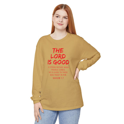 The Lord is Good "Nahum 1:7" Red Long Sleeve