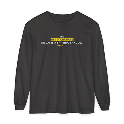 He Never Changes Cotton T-shirt — Faith-Based Christian Long Sleeve Tee