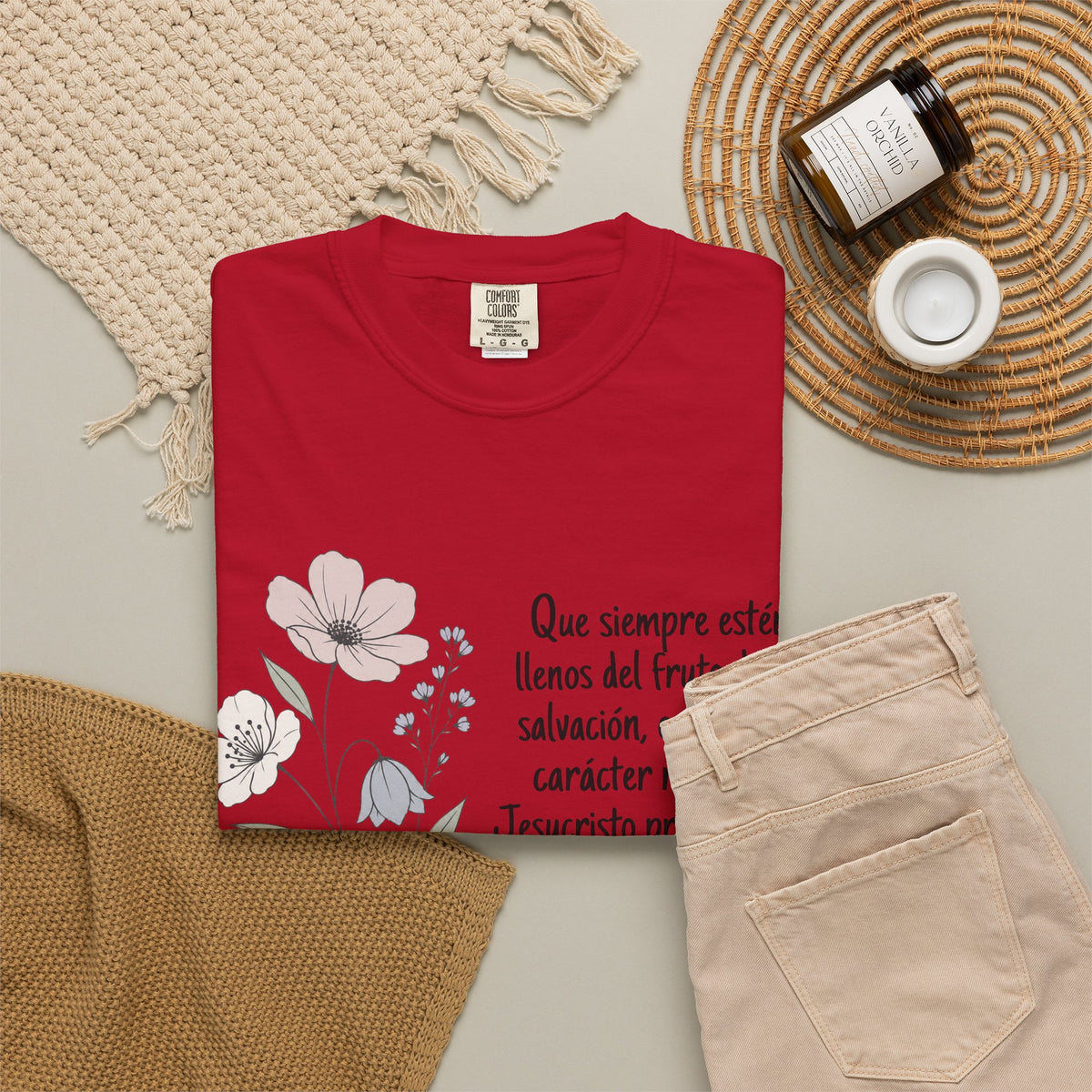 Christian Floral Verse T-Shirt — Spanish Filipenses 1:11 Scripture Tee