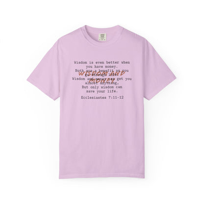 Wisdom and Money Ecclesiastes 7:11-12 100% Cotton T-Shirt — Spanish Wise Woman Bible Verse